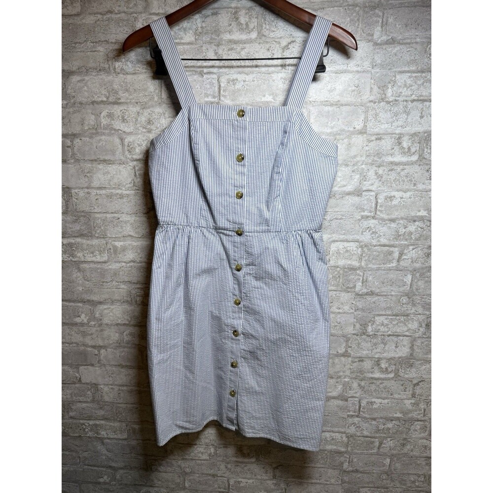 J Crew  Stripe Button Front Dress Womens Sz 4  Blues White Cotton Coastal Preppy